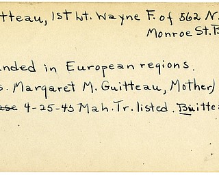 World War II, Vindicator, Wayne F. Guitteau, Butler, wounded, Europe, Margaret M. Guitteau, 1945, Mahoning, Trumbull, Buitteau