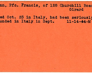 World War II, Vindicator, Francis Gunn, Girard, killed, died, Italy, wounded, 1944, Mahoning, Trumbull