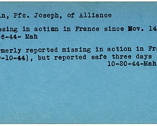 World War II, Vindicator, Joseph Gwin, Alliance, missing, France, 1944, Mahoning, formerly missing, reported safe