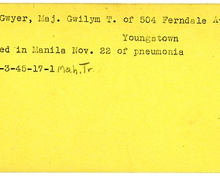 World War II, Vindicator, Gwilym T. Gwyer, Youngstown, died, Manila, pneumonia, 1945, Mahoning, Trumbull