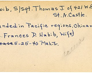 World War II, Vindicator, Thomsa J. Habib, New Castle, wounded, Pacific, Okinawa, Mrs. Francis D. Habib, 1945, Mahoning, Trumbull