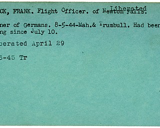 World War II, Vindicator, Frank Haddick, Flight Officer, Newton Falls, prisoner, Germany, Germans, 1944, missing, liberated, 1945, Mahoning, Trumbull