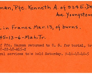 World War II, Vindicator, Kenneth A. Hagman, Youngstown, died, France, burns, wounded, 1945, body returned, 1948, funeral services, Mahoning, Trumbull