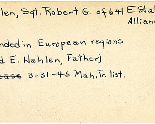 World War II, Vindicator, Robert G. Hahlen, Alliance, wounded, Europe, Fred E. Hahlen, 1945, Mahoning, Trumbull