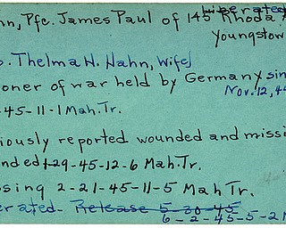 World War II, Vindicator, James Paul Hahn, Youngstown, Thelma H. Hahn, prisoner, Germany, 1945, wounded, missing, liberated, Mahoning, Trumbull, 1944