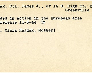 World War II, Vindicator, James J. Hajdak, Greenville, wounded, Europe, 1944, Clara Hajdak, Trumbull