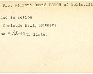 World War II, Vindicator, Relford David Hall, USMCR, Wellsville, wounded, Gertrude Hall, 1945, Trumbull