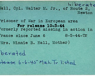 World War II, Vindicator, Walter M. Hall Jr, liberated, Newton Falls, prisoner, Europe, 1944, missing, France, Minnie B. Hall, 1945