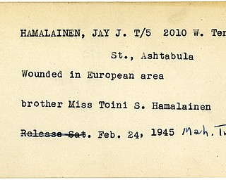 World War II, Vindicator, Jay J. Hamalainen, Ashtabula, wounded, Europe, Toini S. Hamalainen, 1945, Mahoning, Trumbull