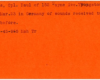 World War II, Vindicator, Paul Hamas, Youngstown, wounded, killed, Germany, 1945, Mahoning, Trumbull