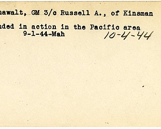 World War II, Vindicator, Russell A. Hanawalt, Kinsman, wounded, Pacific, 1944, Mahoning