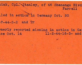 World War II, Vindicator, Stanley Haniak, Farrell, killed, Germany, 1944, Trumbull, missing