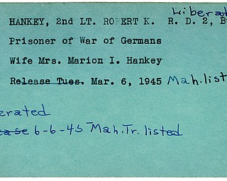 World War II, Vindicator, Robert K. Hankey, liberated, Butler, prisoner, Germany, Marion I. Hankey, 1945, Mahoning, Trumbull