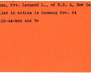 World War II, Vindicator, Leonard L. Hanna, New Castle, killed, Germany, 1944, Mahoning, Trumbull