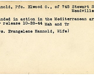 World War II, Vindicator, Elwood O. Hannold, Meadville, wounded, Mediterranean, 1944, Mahoning, Trumbull, Evangelene Hannold