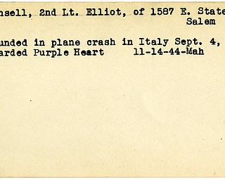 World War II, Vindicator, Elliot Hansell, Salem, wounded, plane crash, Italy, Purple Heart, awarded, 1944, Mahoning