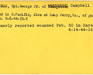 World War II, Vindicator, George Hanuschak Jr., Campbell, wounded, South Pacific, Pacific, died, killed, Camp Perry, Virginia, gunshot wounds, formerly wounded, Marshalls, 1944