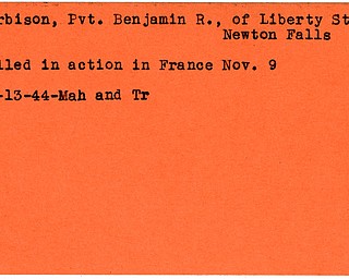 World War II, Vindicator, Benjamin R. Harbison, Newton Falls, killed, France, 1944, Mahoning, Trumbull