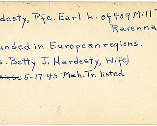 World War II, Vindicator, Earl L. Hardesty, Ravenna, wounded, Europe, Betty J. Hardesty, 1945, Mahoning, Trumbull