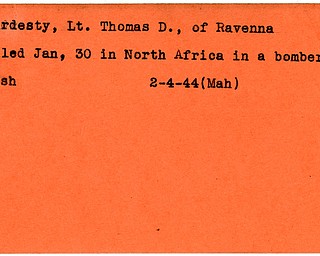 World War II, Vindicator, Thomas D. Hardesty, Ravenna, killed, North Africa, Africa, bomber crash, 1944, Mahoning