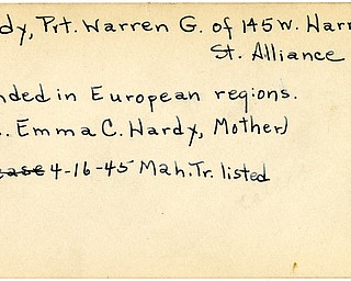 World War II, Vindicator, Warren G. Hardy, Alliance, wounded, Europe, 1945, Mahoning, Trumbull, Emma C. Hardy
