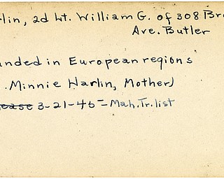 World War II, Vindicator, William G. Harlin, Butler, wounded, Europe, 1945, Mahoning, Trumbull, Minnie Harlin