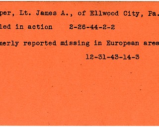 World War II, Vindicator, James A. Harper, Ellwood City, Pennsylvania, killed, 1944, missing, Europe, 1943