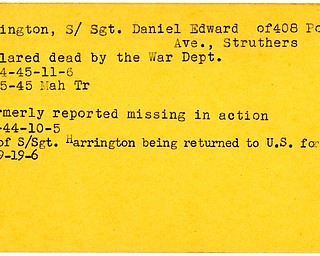 World War II, Vindicator, Daniel Edward Harrington, Struthers, declared dead, died, War Dept, 1945, missing, 1944, body returned, burial, 1949, Mahoning, Trumbull