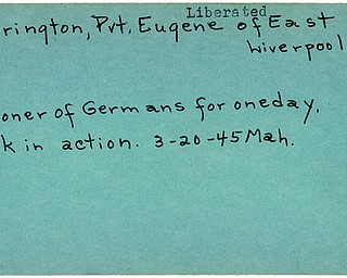 World War II, Vindicator, Eugene Harrington, East Liverpool, prisoner, Germany, one day, 1945, Mahoning