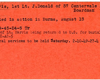 World War II, Vindicator, J. Donald Harris, Boardman, killed, Burma, 1945, Trumbull, body returned, burial, 1948, funeral, 1949