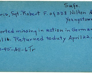 World War II, Vindicator, Robert F. Harris, Youngstown, missing, Germany, returned to duty, safe, 1945, Trumbull