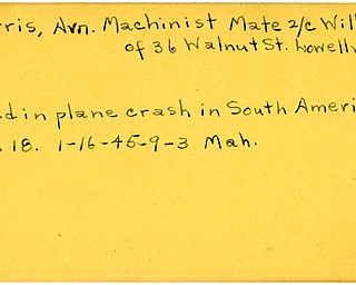 World War II, Vindicator, William C. Harris, Lowellville, killed, plane crash, South America, 1945, Mahoning