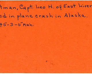 World War II, Vindicator, Leo H. Hartman, East Liverpool, killed, plane crash, Alaska, 1945, Mahoning