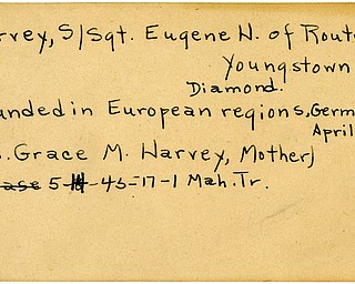 World War II, Vindicator, Eugene H. Harvey, Youngstown, Diamond, wounded, Europe, Germany, 1945, Mahoning, Trumbull, Grace M. Harvey
