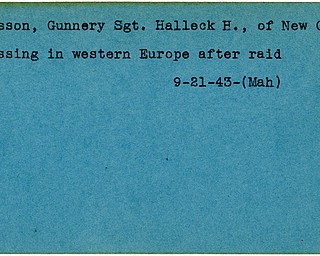 World War II, Vindicator, Halleck H. Hasson, New Castle, missing, Europe, raid, 1943, Mahoning