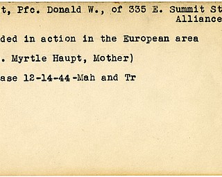 World War II, Vindicator, Donald W. Haupt, Alliance, wounded, Europe, 1944, Mahoning, Trumbull, Myrtle Haupt