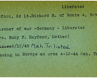 World War II, Vindicator, Richard H. Hayford, Ravenna, prisoner, Germany, Liberated, missing, 1944, Mahoning, Trumbull, Ruby F. Hayford, 1945