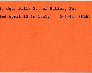 World War II, Vindicator, Billy E. Hays, Butler, Pennsylvania, killed, Italy, 1944, Mahoning