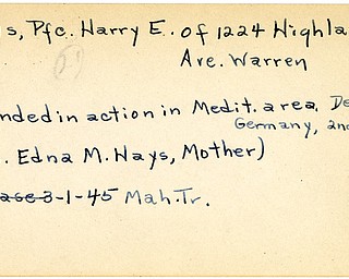 World War II, Vindicator, Harry E. Hays, Warren, wounded, Mediterranean, Germany, 1945, Mahoning, Trumbull, Edna M. Hays