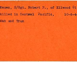 World War II, Vindicator, Robert P. Hazen, Ellwood City, Pennsylvania, killed, Central Pacific, 1944, Mahoning, Trumbull