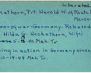 World War II, Vindicator, Harold W. Heckathorn, Mercer, liberated, prisoner, Germany, Hilda G. Heckathorn, 1945, Mahoning, Trumbull, missing, 1944