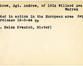 World War II, Vindicator, Andrew Heckbrow, Warren, wounded, Europe, 1944, Trumbull, Helen Kvesich