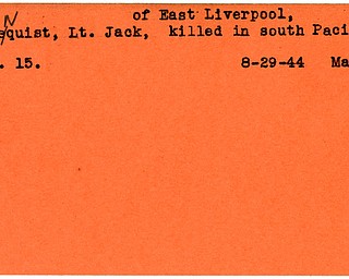 World War II, Vindicator, Jack Hedenquist, East Liverpool, killed, Pacific, 1944, Mahoning