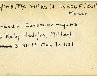 World War II, Vindicator, Wilks H. Hedglin, Mercer, wounded, Europe, Ruby Hedglin, 1945, Mahoning, Trumbull