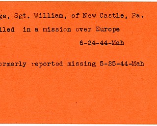 World War II, Vindicator, William Hege, New Castle, killed, Europe, 1944, Mahoning, missing