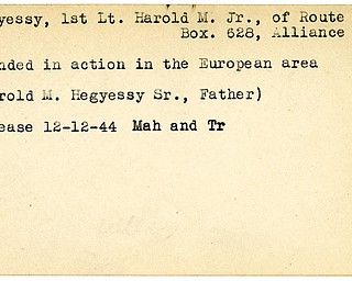 World War II, Vindicator, Harold M. Hegyessy Jr, Alliance, wounded, Europe, 1944, Mahoning, Trumbull