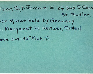 World War II, Vindicator, Jerome E. Heitzer, Butler, prisoner, Germany, Margaret W. Heitzer, 1945, Mahoning, Trumbull