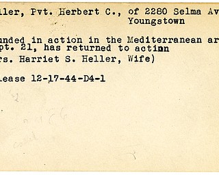 World War II, Vindicator, Herbert C. Heller, Youngstown, wounded, Mediterranean, Harriet S. Heller, 1944