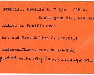 World War II, Vindicator, Cpville S. Hemphill, New Castle, killed, Pacific, Walter G. Hemphill, 1945, Trumbull, Mahoning, missing