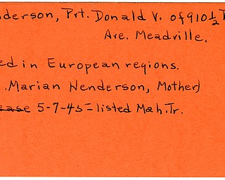 World War II, Vindicator, Donald V. Henderson, Meadville, killed, Europe, Marian Henderson, 1945, Mahoning, Trumbull